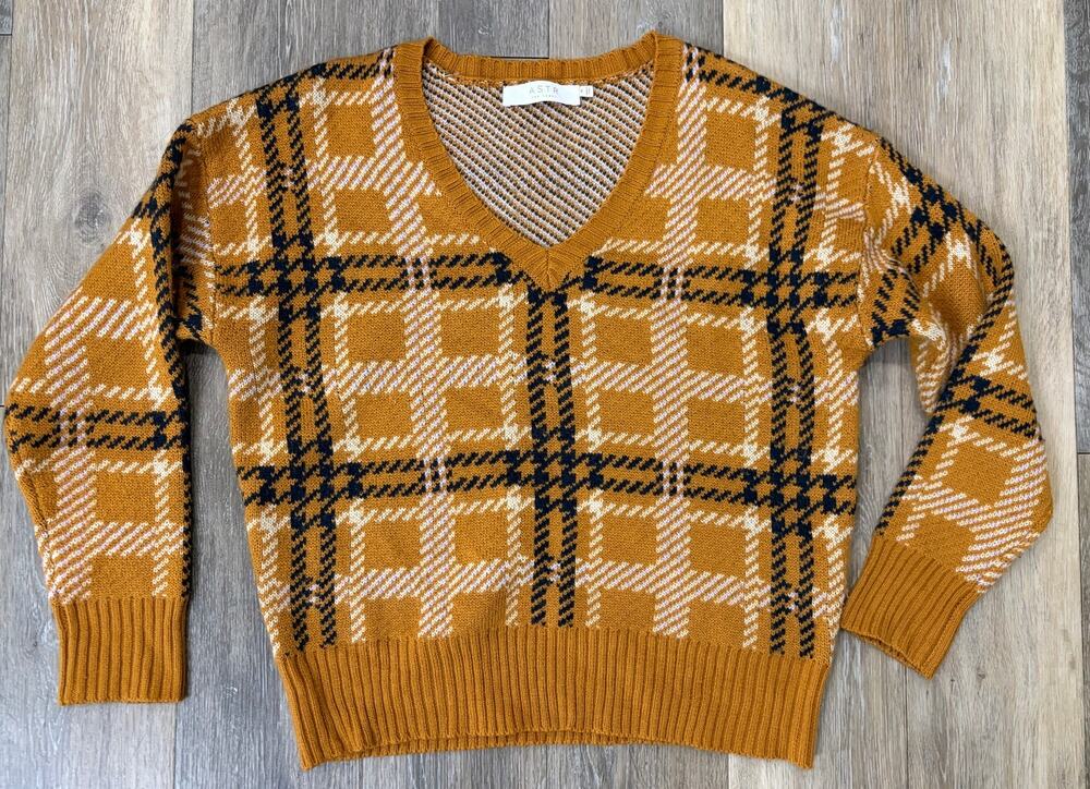 ASTR The Label Plaid Knit Sweater Mustard Brown V Neck Cropped Women’s Medium